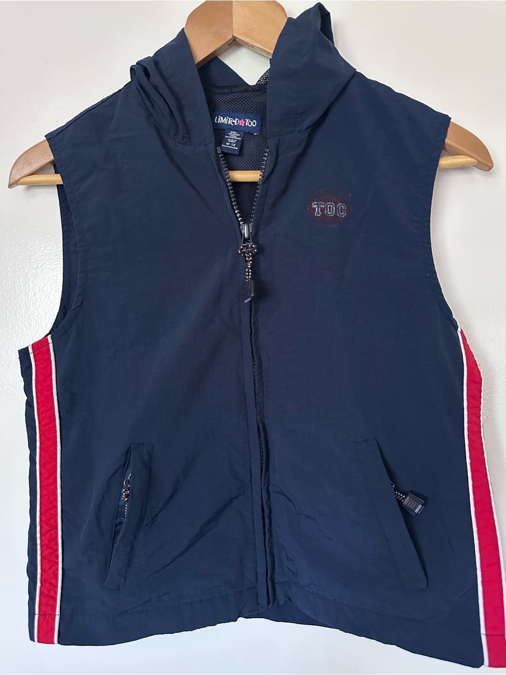 Vintage Y2K Limited Too Navy Hooded Vest with Red & White Side Stripes